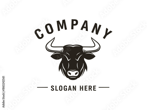 A minimalist logo featuring a bull s head above company and slogan text