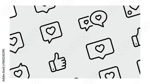 Social media Pattern: A seamless pattern of social media symbols, featuring hearts, speech bubbles, and thumbs-up icons. Evoking the essence of online interaction and communication.