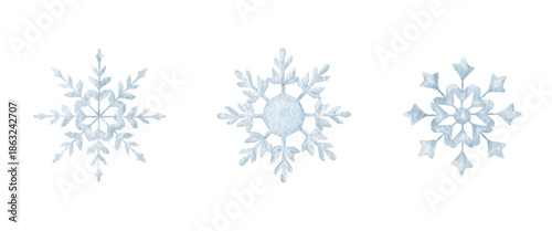 Watercolor snowflakes set for winter designs. Suitable for holiday decoration, seasonal background, minimal festive layout and greeting cards.