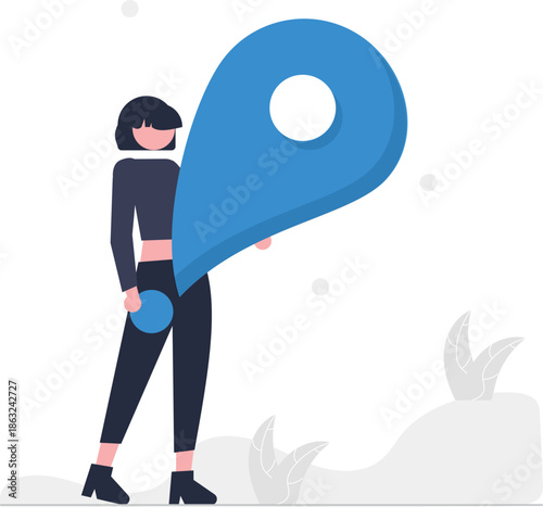 A detailed vector graphic portrays a current location pin suggesting navigation mapping or geolocation services rendered in grayscale