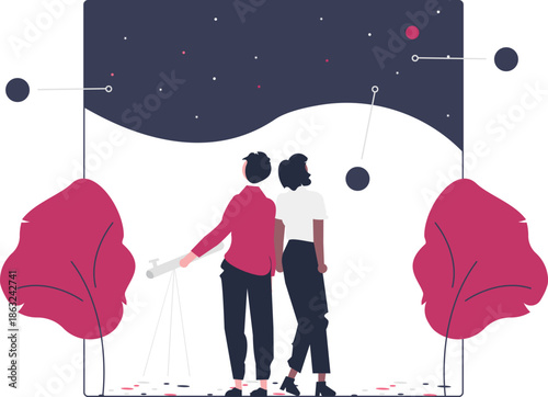 A minimalist illustration depicts a person gazing up at a night sky filled with numerous twinkling stars evoking wonder