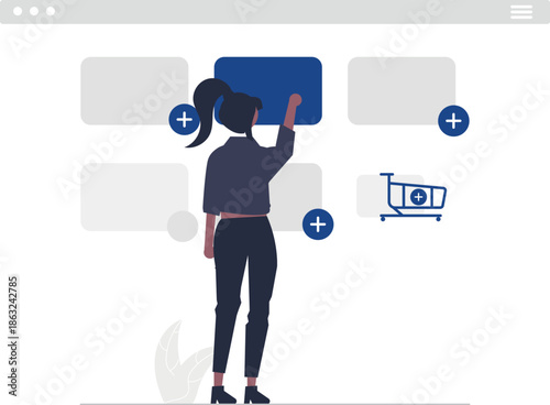 A vibrant illustration showcasing a shopping cart with a plus sign encouraging customers to add items and complete purchases online