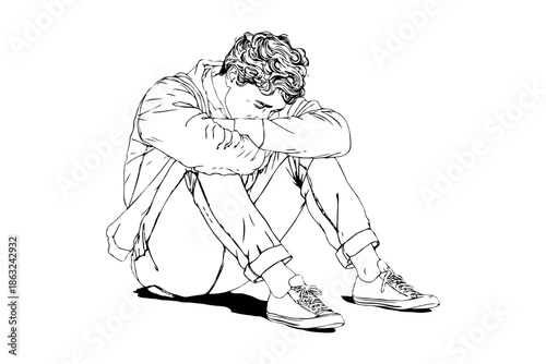 Depressed young man sitting on ground, hand-drawn ink sketch style, isolated on white background, expressing loneliness and emotional struggle