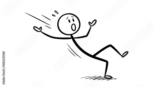Stick Figure Man Falling Suddenly with Arms and Legs Flailing, Expressing Surprise and Loss of Balance on Isolated White Background.