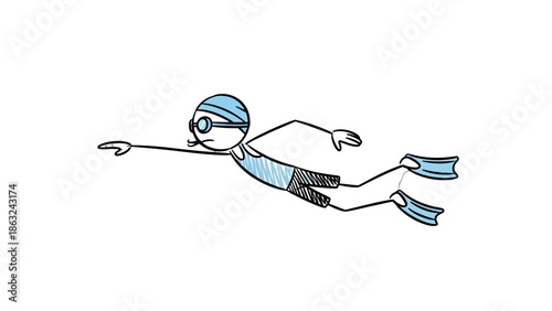 Stick Figure Man Swimming Underwater with Goggles and Flippers, Enjoying an Aquatic Activity on Isolated White Background.