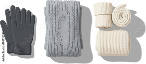 A neatly arranged collection of winter clothing accessories on a white background
