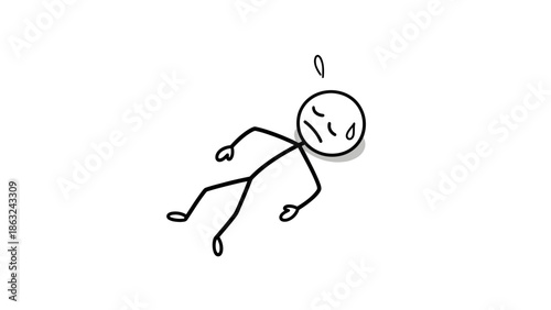 A simple black and white stick figure drawing of a person lying down, appearing exhausted and sweating, on a plain white background.