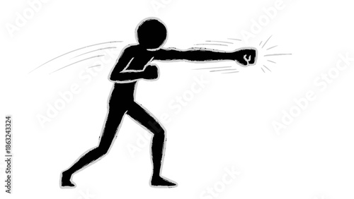 A black silhouette of a stick figure throwing a powerful punch with motion and impact lines on a white background.