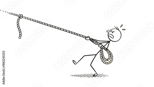 Stick figure cartoon drawing of a man pulling a heavy rope with great effort and strain, showing determination and struggle against a white background.