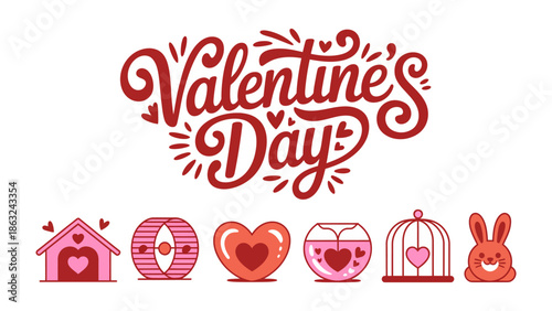 Valentine's Day Icon Set: A charming illustration featuring a collection of Valentine's Day icons. Includes a house with heart, hamster wheel, heart, bowl, bird cage, and rabbit.