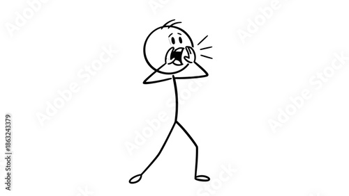 A simple stick figure drawing of a person shouting or calling out loudly with hands cupped around their mouth, expressing communication or announcement.