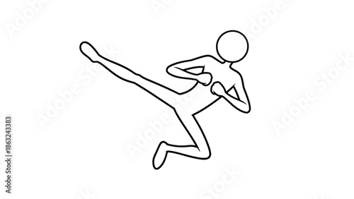 A stick figure in a dynamic martial arts kicking pose, outlined in black on a white background.