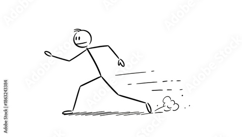 Hand-drawn stick figure running quickly with speed lines and dust cloud on a white background.