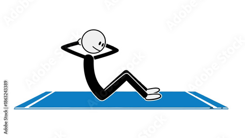 A simple stick figure illustration showing a person performing a sit-up exercise on a blue yoga or exercise mat, with a happy expression.