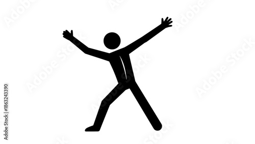 A black stick figure with arms raised wide and legs spread apart on a plain white background, depicting a welcoming or energetic pose.