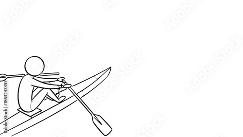A simple black and white line drawing depicting a stick figure person actively rowing a boat with two oars, illustrating a water sport or leisure activity.