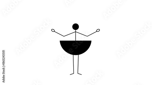 A minimalist stick figure with a black circular head, outstretched arms, a large black semicircular lower body resembling a skirt, and thin legs.