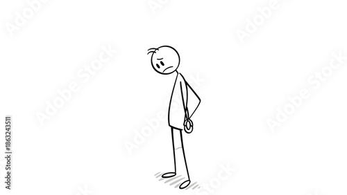 Simple stick figure drawing depicting a sad and depressed man with his head down and hands behind his back on a plain white background.