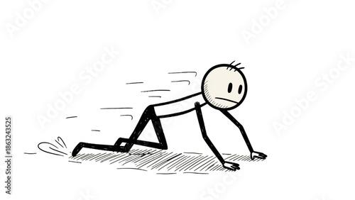 A simple stick figure illustration depicting a person crawling or running on all fours with motion lines indicating speed and effort.