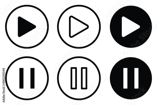 Play button icon set on white background PNG. Media player UI icons. Minimalist play and pause icons. music video start sign.
