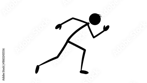 A simple black stick figure illustration depicting a person in a dynamic running or sprinting pose on a plain white background.