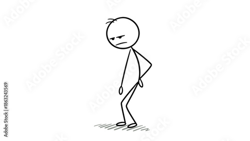 A simple black and white stick figure drawing depicting a sad, tired, or annoyed person with slumped posture and one hand on their hip.