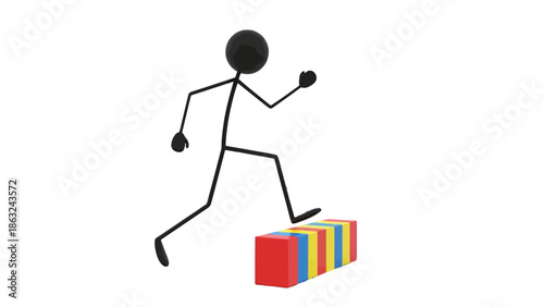 Black stick figure stepping over a colorful obstacle made of stacked blocks, symbolizing overcoming challenges and progress on a white background.