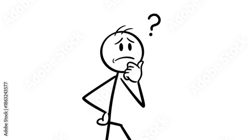 A simple black and white stick figure drawing depicting a person in a state of confusion or deep thought, with a question mark above their head.