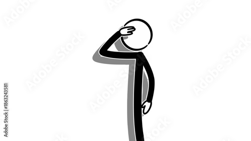 A simple black and white stick figure saluting or shading its eyes against a plain background.
