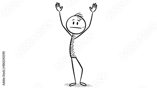 Hand drawn cartoon stick figure man with arms raised in surrender or frustration on a white background.