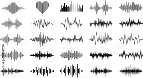 Black Sound Wave Icons Set Audio Digital Equalizer Signal Music Pulse Frequency Radio Waveform Technology Vector Illustration Elements for Media Design