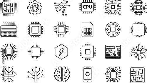 Comprehensive Set of Minimalist Vector Icons Representing Microchips Central Processing Units Circuit Boards Artificial Intelligence Technology and Digital Hardware Engineering