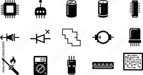 Comprehensive Electronic Component Icon Set Featuring Microchips Diodes Circuit Boards Soldering Tools Multimeters and Hardware Symbols for Engineering and Technical Design