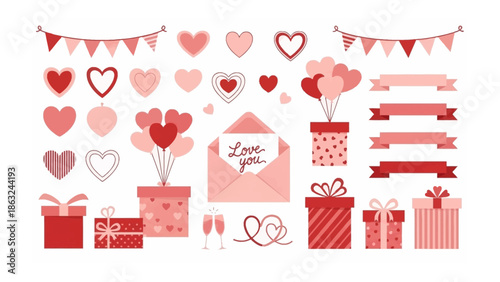 Valentine's Day Elements Collection: A charming compilation of Valentine's Day essentials, including hearts, gifts, ribbons, and balloons.