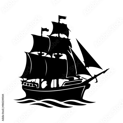 Classic black silhouette of a vintage sailing ship on white background. Minimalist vector illustration of a majestic galleon at sea, representing maritime history, exploration, and travel.