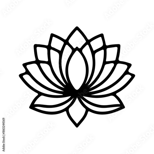 Minimalist black lotus flower silhouette on white background. Elegant vector illustration of a water lily symbolising purity, enlightenment, zen, and spiritual wellness for yoga and spa design.