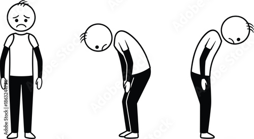 Sad posture cartoon figure, emotional decline illustration, slumped body language graphic, fatigue concept art, editable cad drawing vector
