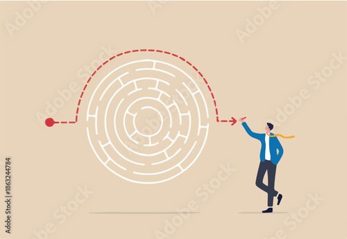 Workaround or solution to bypass problem or difficulty, creativity to overcome obstacle or solving business problem, avoiding path concept, businessman genius draw workaround line to solve labyrinth