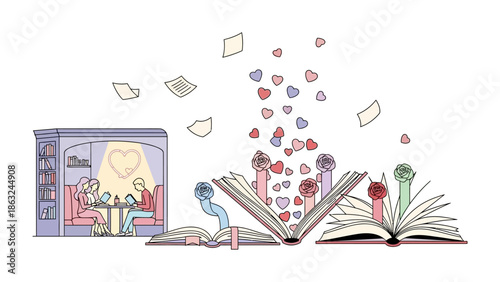 Romance Literary: A whimsical illustration of love and literature. With books, hearts, and notes combine to depict a love-filled literary tale. 
