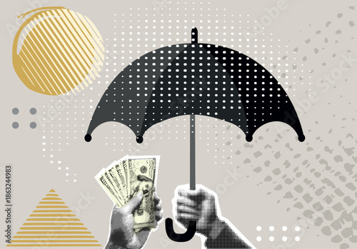 Trendy Halftone Collage Income protection, security or safety guard protect investment profit, wealth preservation or insurance, risk management concept.Contemporary art collage