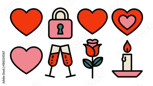 Valentine's Day Icon Set: A vibrant collection of romantic symbols, perfect for conveying love, commitment, and celebration, offering a visual narrative of affection and intimacy. 