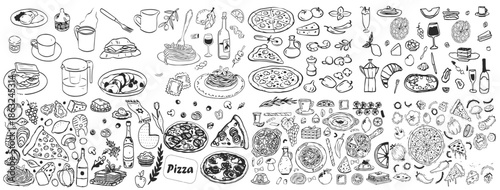Italian food doodle icons. Pizza, pasta, tomato, lemon, cheese, olive, wine vintage drawing. Line art. Food, seamless pattern. Vector illustration isolated