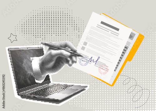 Signing the contract concept. Filling out a contract. Halftone collage man's hand on screen laptop writing with a pen on a paper page. Business agreement. Contemporary mixed media art. Vector.	