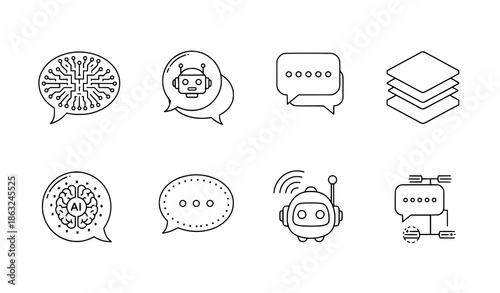 AI chat bubbles vector icon set with machine learning, chatbot, and artificial intelligence thin line icons