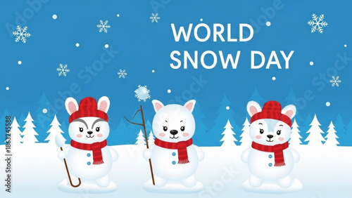 Three cartoon arctic animals wearing scarves and hats on a snowy day with pine trees and snowflakes