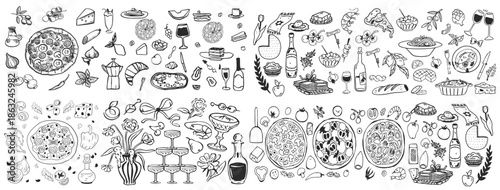 Italian food doodle icons. Pizza, pasta, tomato, lemon, cheese, olive, wine vintage drawing. Line art. Food, seamless pattern. Vector illustration isolated