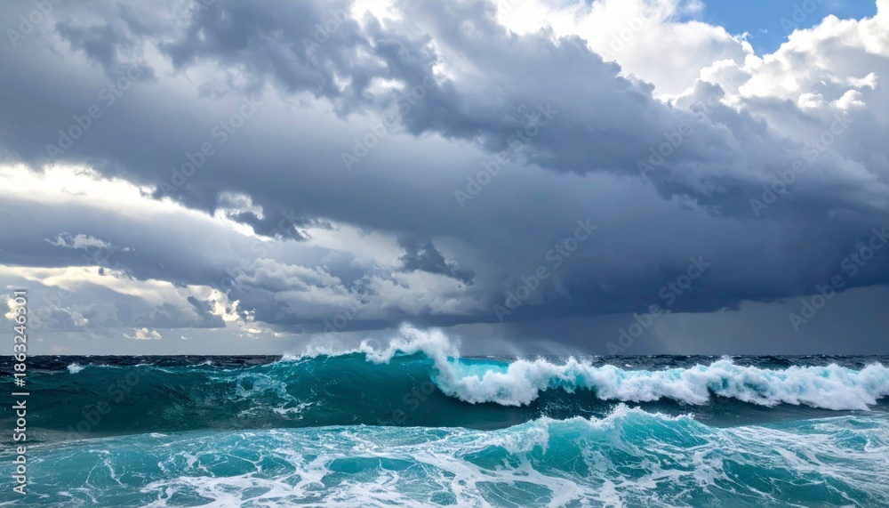Fototapeta premium Powerful ocean waves crashing under dramatic dark storm clouds with blue sky breaks, turquoise water surf seascape.