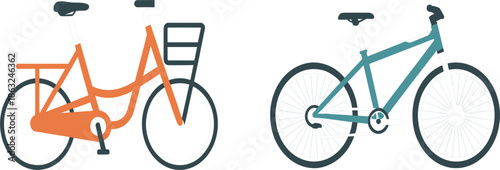 Set of flat bicycle icons with orange city bike and blue mountain bike, healthy lifestyle vector