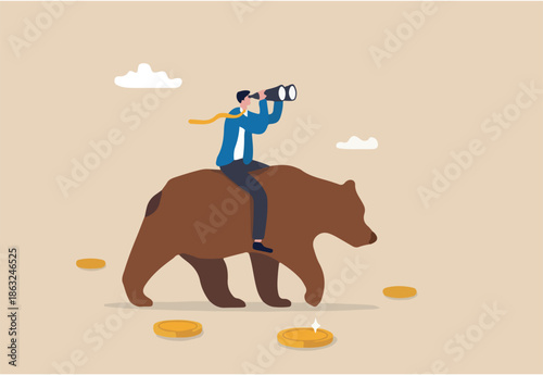 Bear market investment, looking for profit in market fall, crypto or stock trading strategy in bearish market, analyze or forecast trend, businessman investor riding bear looking through binoculars