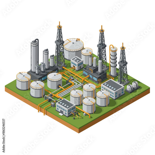 Isometric view of an industrial oil refinery or chemical plant with storage tanks, processing units, and pipelines on a green landscape.